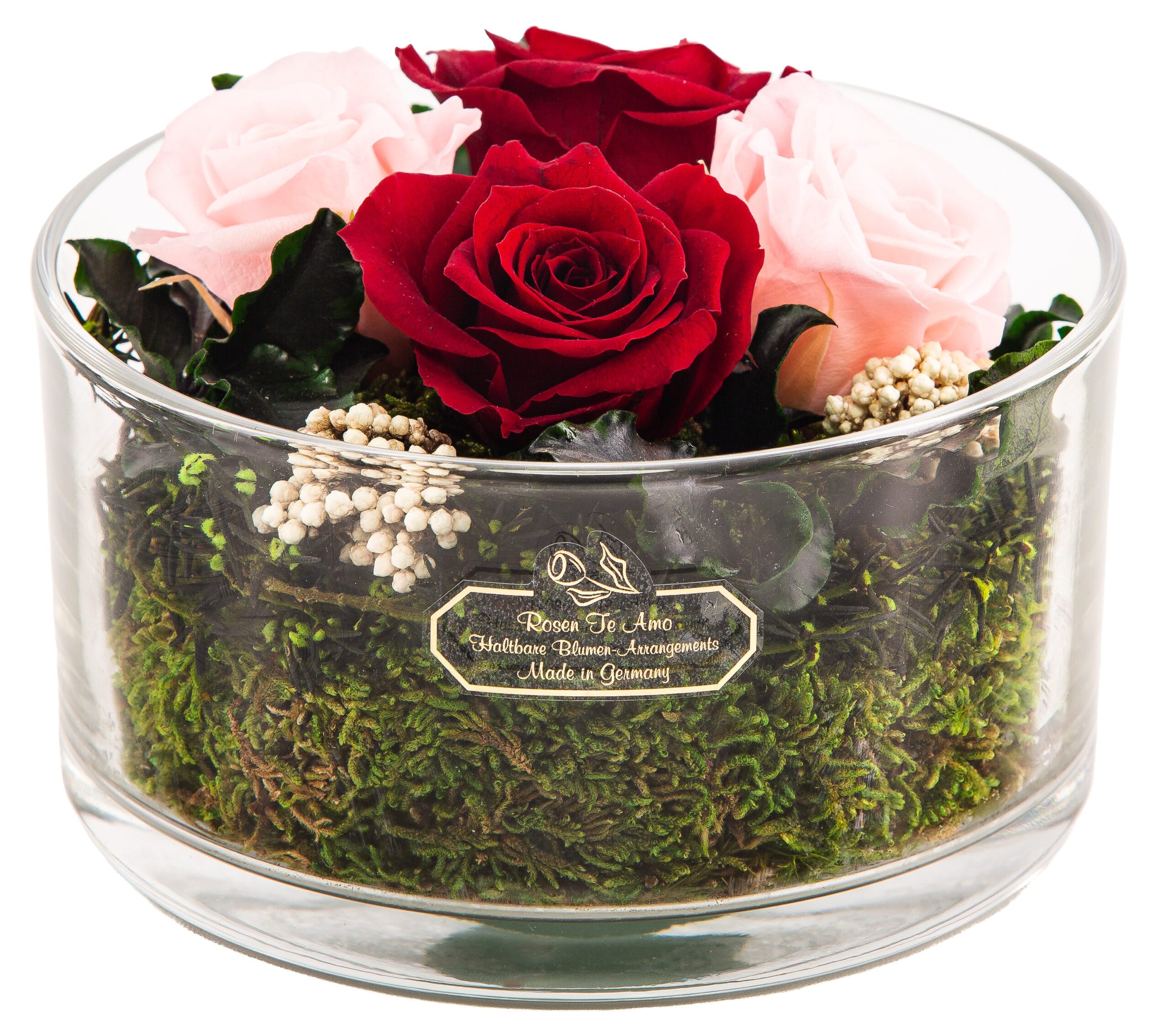 Konservierter Blumenstrauß rosa & dunkel rot in einer Runde Glas Vase von Rosen-Te-Amo
