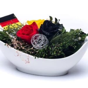 Ewiger Rosenstrauß in Keramikschale Konservierter bunter Rosenstrauß; Schwarze- Rote- und gelbe Farbe von Rosen-Te-Amo