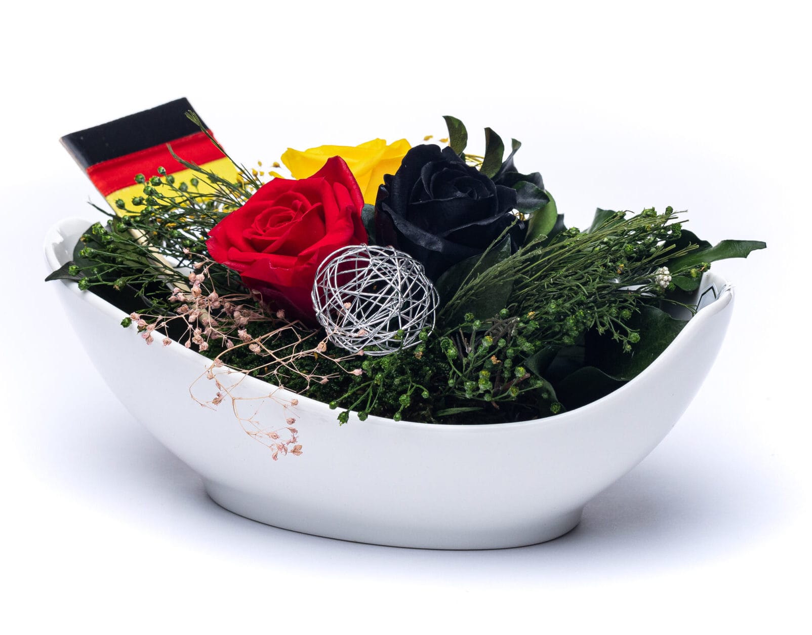 Ewiger Rosenstrauß in Keramikschale Konservierter bunter Rosenstrauß; Schwarze- Rote- und gelbe Farbe von Rosen-Te-Amo