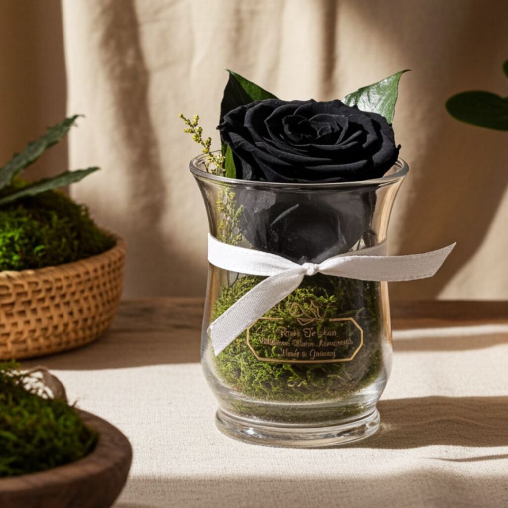 Echte Rose im Glas schwarze Rosen