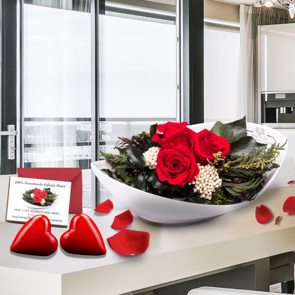 ROSENTEAMO EWIGER ROSENSTRAUSS ROT 1 Dekorationen und Geschenke aus konservierten Rosen