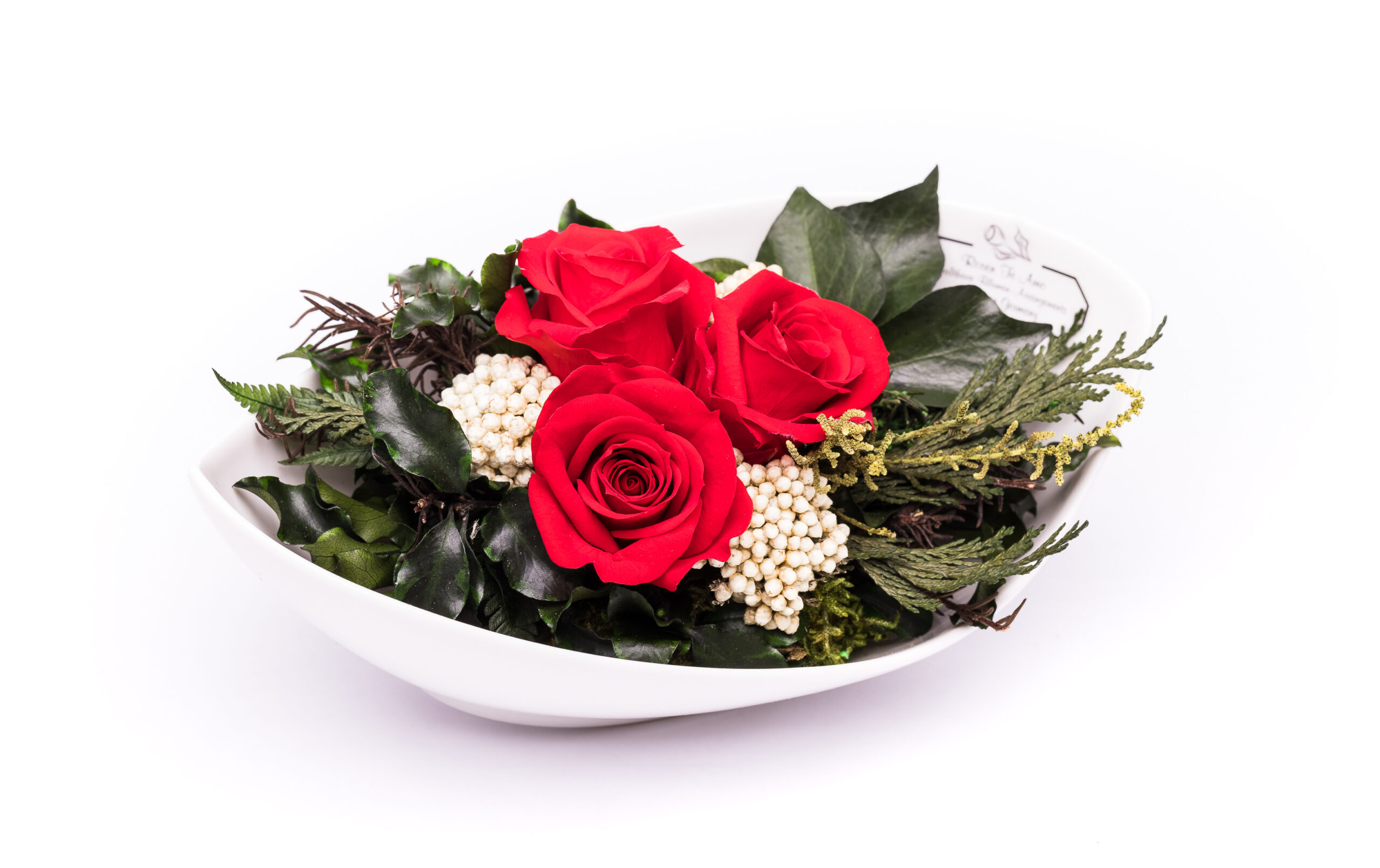 Ewiger Rosenstrauß Rot mit 3 infinity haltbaren Rosen, Moos und Foliage