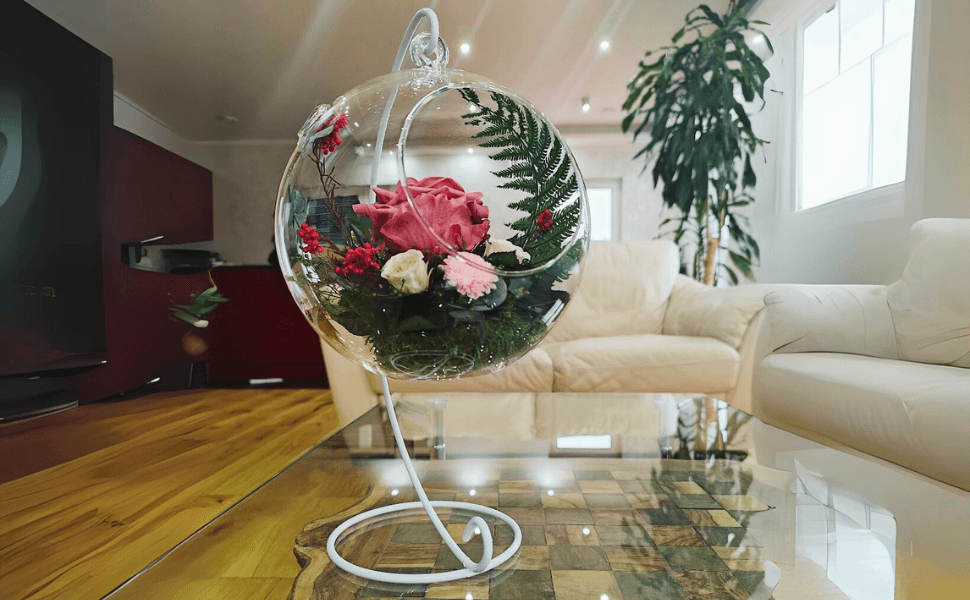 Rosen-Te-Amo echte konservierte Rosenarrangement ein einer hängende Glasvase, duftende Rosen