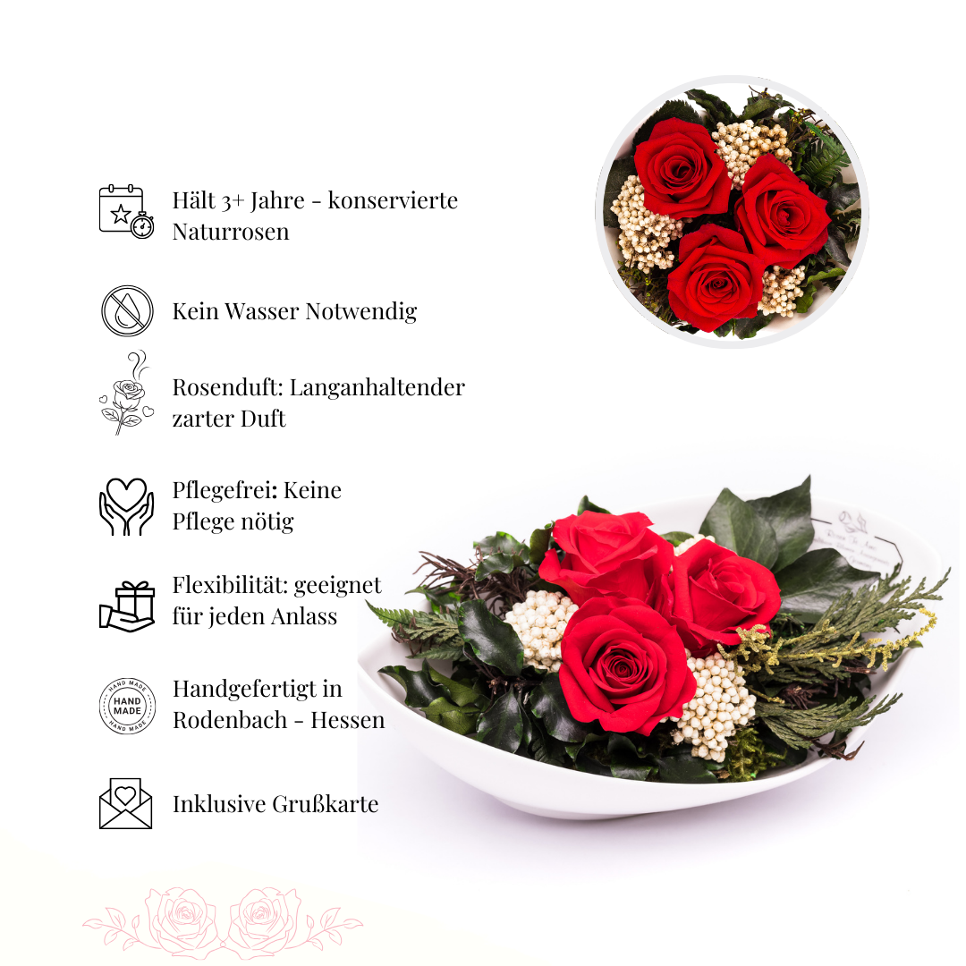 Ewiger Rosenstrauß Rot in Keramik-Schale- Produkt Details - von Rosen-Te-Amo