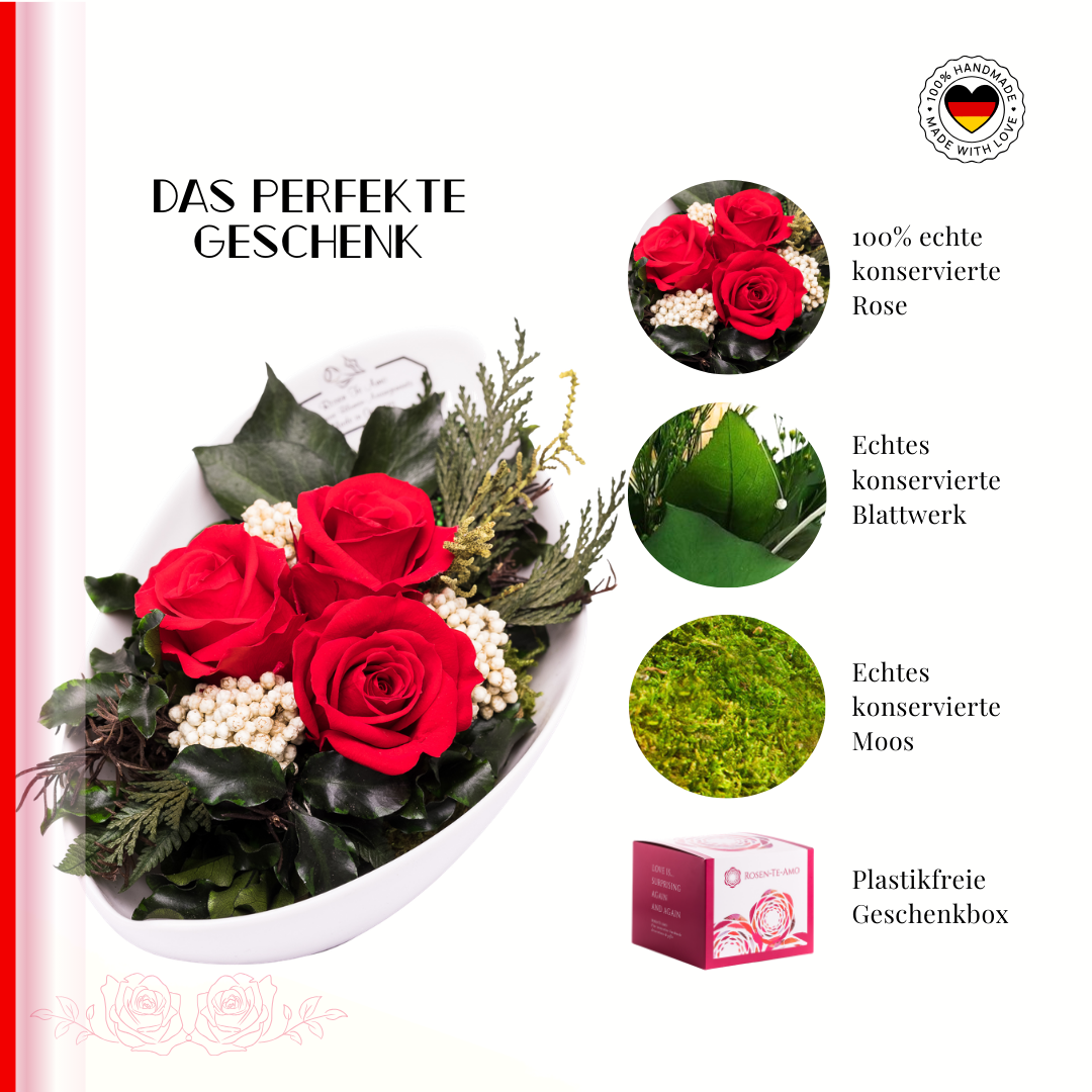 Ewiger Rosenstrauß Rot, mit Rosenduft in Keramik-Schale