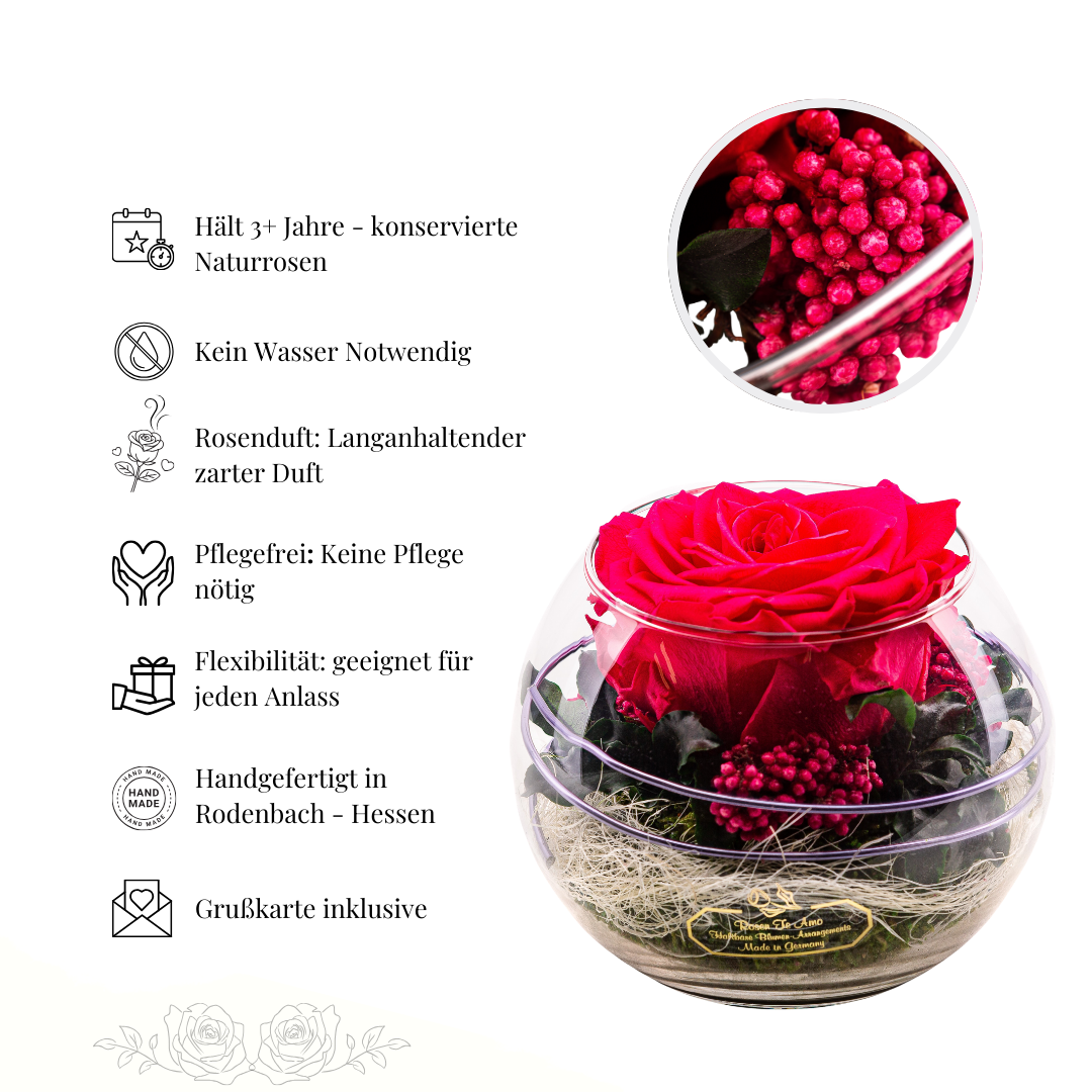 Ewige Rosen im Glas mit Konserviertem Moos und Bindegrün dekoriert